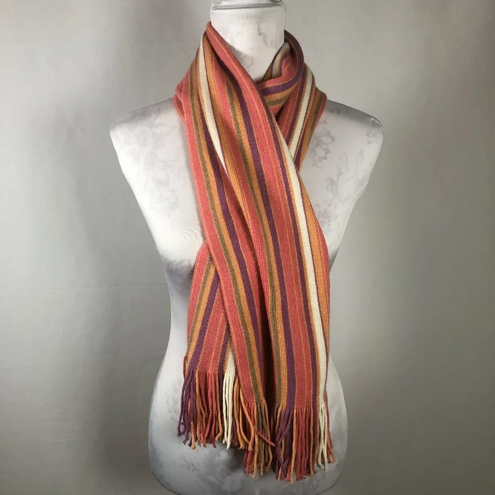 🌈 Vintage-Inspired Striped Fringe Scarf – Warm Autumn Tones – Oversized Wrap